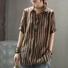 Women's Blouses Ladies Loose Short Sleeve Shirts Casual Striped Cotton Linen Vintage Thin Pullover Jacket Summer Fashion Western Style