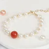 Strand Elegant Natural Freshwater Pearl Armband For Women Red Agates Stone Charm Baroque Pearls Armband Wedding Party Gifts