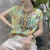 Damenblusen Damen Frühling Sommer Stil Chiffon Hemd Elegant Kurzarm Bedruckt Knopf O-Ausschnitt Lässige Vintage Tops SP218