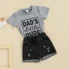 Kleidungssets Baby Jungen Zweiteiliger Hosenanzug Graues Buchstaben-Druck-Rundhals-T-Shirt und zerrissene Jeans 3-24 Monate