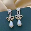 Dangle Earrings Chandelier Korean Mosaic Semi-Precious Stones Rhinestone Bow Eardrop Temperament Temperament Simple Simulated-Pearl Pendant All-Matc