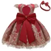 Girl Dresses 3M-24M Baby Gold Lace Patchwork Backless Party Dress With Big Bow Gift Headband CN(Origin) O-Neck Kids Ball Gowns