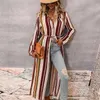 Women's Blouses LiTi Autumn 2023 Lapel Stripe Long Dress Cardigan Printed Women Top Loose Waist Sleeve Blouse