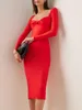 Casual Dresses Women Runway Fashion Red Elegant Long Sleeve Square Collar Bodycon Knee Length Bandage Dress Celebrity Evening Party