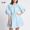 Robes de soirée VGH Bleu Casual Robe Creuse Pour Femmes O Cou Puff Manches Courtes Taille Haute À Lacets Mini Femme 2023 Vêtements d'été