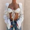 Women's Blouses High Street White Shirts Fashion Clothes Casual Puff Long Sleeve Front Tie Elegant Sexy Backless Crop Tops Blusas 21977