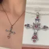 Kedjor Pink Zircon Cross Pendant Jewel Necklace Fashion Gothic Punk Y2K Rhinestone Jewelery Charm Statement Women Gift