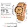 Armbandsur Graverade kompass Display Round Dial Wood Watch Men's äkta läder Armbandsur Bruna ränder Träklockor Mensklocka