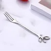 Dinnerware Sets Stainless Steel Fork Leaf-Shaped Handle Dessert Fruit Salad Kitchen Accessories. Silver 5 Items