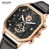 Montres-bracelets MEGIR Or Rose Noir Montre Hommes Mode Bracelet En Cuir Sport Analogique Quartz Montre-Bracelet Avec Chronographe Auto Cadran Carré 8106