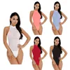 Dambadkläder Dam Halvgenomskinliga sexiga underkläder ärmlös jumpsuit Mock Neck High Cutchless Thong Leotard Bodysuit