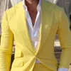 Costumes pour hommes jaune lin hommes pour la plage d'été Slim Fit 2 pièces mariage marié smoking mâle mode Costume veste avec pantalon