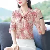 Kvinnors blusar Elegant Fashion Floral Printed Chiffon Shirt Summer 2023 V-ringning Kort ärm Loose Pullover Blouse Kvinnkläder Q75