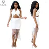 Work Dresses VAZN 2023 Luxury Designer White Sexy Club Women Of Quality Bikini Top Tassel Pencil Long Skirts Slim 2 Piece Set