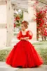 Meisjesjurken Girl's jurk Red Flower 3d Bloembloemen Verjaardagsfeestje Peuter Pageant Jurk Sweep Train Tule Kids Communie