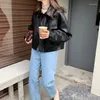 Women's Leather 101118# 2023 Autumn Women Korean Style Loose Jacket Solid Single Breasted Female Motorcycle Short Coat Top