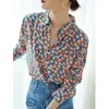 Women voor blouses Woman Spring Fashion Classic Long-mouwen met één borte afdrukken met een borte Losse shirt vrouwelijke printtoppen G84