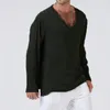 Men's T Shirts Men Linen Solid Long Sleeve Loose Casual Blouse Spring Autumn Breathable V-Neck Beach Style Male Tee Tops