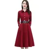 Casual Dresses Fashion Women's Plus Velvet Long-Sleeved Dress Autumn Winter Slim Belt Solid Color Buttons A-Line Size KW343