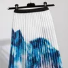 Skirts Printed Pleated Skirt Mid Length Ink Landscape Painting Pattern Elastic Waist Bohemian Women's