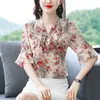 Kvinnors blusar Elegant Fashion Floral Printed Chiffon Shirt Summer 2023 V-ringning Kort ärm Loose Pullover Blouse Kvinnkläder Q75