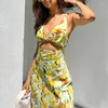 Casual Dresses Wsevypo Chic Yellow Flowers Print Dress Summer Women Sleeveless Twist Knot Cutout Midi Party Beach High-Split A-Line