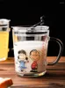 マグカップ410mlガラスコーヒーマグストローとふた漫画クリエイティブチルドレンズミルクカップジュースドリンクウェアウォーターボトルギフトセット