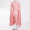 Casual Dresses Pink Temperament Pleated Long Flared Cape Sleeve Mid-length Skirt O-neck Slit Back Stretch Dress Oversize