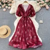 Hoge taille boho borduurjurken vrouwen elegante feestjurk luxe vintage 2023 a-line lange mouw lente runway vintage zomer jurk bloemen chiffon vestidos