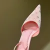 أحذية اللباس الأنيق حجر الراين عالية الكعب الخلفي صنادل الهواء الساتان الوردي المرأة مصمم أزياء مأدبة حذاء مصنع أحذية عالية الجودة slingbacks