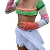 Suéteres femininos Mulheres Tops de verão Tops Splicing Crochet Square Neck Mangas compridas malha de camisola de rua para meninas verde 2023 fashionwo