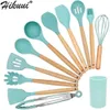 Nieuw beste siliconen kookgerei Set houten handvat spatula soep lepel borstel borstel pollepel pasta vergiet non-stick kookgereedschap keukengereedschap