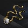 Anhänger Halsketten Koreanische Mode Schwarz Weiß Schachbrett Halskette Für Frauen Herz Ohrring Runde Kubanische Kette Ring Schmuck Set