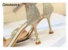 Sandali Comemore Summer Women Shoes 9.5cm Sandali con tacco alto Bling Silver Black Heels Suede Pumps Lady Plus Size 43 Luxury Elegant 230306