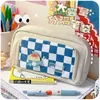 Pencil Bags Kawai Canvas Cute Japanese Checkerboard Student Stationery School Supplies Large Capacity Pencil Case Back To School Cute Bag J230306