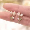 French Light Luxury Pink Tulip Flower Pearl Charm Stud Earrings For Women Korean Zircon Exquisite Earring Party Christmas Jewelry Gift