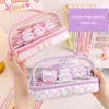 Pencil Bags Transparent Portable Cartoon Rabbit Large Capacity Pencil Case Double Layer Pen Bag Stationery Organizer Makeup Storage Pouch J230306