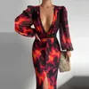 Casual klänningar kvinnor sexig knapp vneck slit party klänning lady elegant tryck smal maxi klänning vår sommar avslappnad lång ärm hög midja vestido z0216