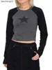 Women's Knits Tees Women's Long Sleeve T-Shirt Y2K Rhinestone Star Pattern Contrast Color Patchwork Tee Shirt Casual Street Style Tops Clothing W0306