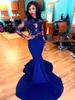 Evening Dresses Royal Blue Prom Party Gown New Formal Satin Custom Plus Size Sweep Train Mermaid Trumpet O-Neck Long Sleeve Applique Illusion