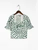 Camicette da donna 2023 Vintage White Green Leopard Dot Print Camicia Retro Elastico increspato sul retro Colletto quadrato Camicetta a maniche corte Canotta Top