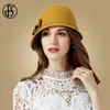 Cappelli a tesa larga FS Cloche da donna in feltro di lana nera Cappello a cilindro britannico con bowknot Cappello a bombetta a tesa larga Cappelli stile Fedora da donna Giallo Blu Floppy Derby Cappelli 230306