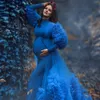 2 Pcs Blue Maternity Sleepwear Dress for Women Ruffles Tiere Kimono Photography Mermaid Tulle Baby Shower