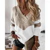 Женские блузки 2023 Осень зимний цвет с длинным рукавом v Neck Sweater Женщины повседневные свободные пуловер