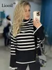 Women's Sweaters Black And White Stripe Sweater Streetwear Loose Tops Women Pullover Female Jumper Long Sleeve Turtleneck Knitted Ribbed Sweaters 230306