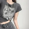 Женские футболки Qweek Vintage Manga Print Графические шорты Женщины Harajuku Gothic Grunge Y2K Slim Skinny футболка Tops bf ins 2023 Лето