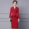 2 피스 드레스 5XL 한국 가을 공식 여성 레드 블레이저 여성 사업 정장 세트 작업 사무실 유니폼 대형 바지 재킷 230306