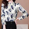 Kadın Bluzları 2023 Sonbahar İpeksi Saten Baskısı Boncuklu Uzun Kollu Kazak Gömlek Ofis Leydi Çalışma Bluz Vintage Resmi Üstler