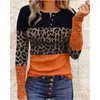 Kvinnors blusar 2023 Autumn Winter Women Leopard Print Colorblock Contrast Lace Lång ärm Pullover Top Casual Skinny Daily Wear Blus