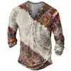 Men's T-Shirts Vintage Men's T-Shirts With Button Ethnic Pattern Print Spring Autumn Loose O-Neck Long Sleeve Oversized T Shirts Male Clothing 230303